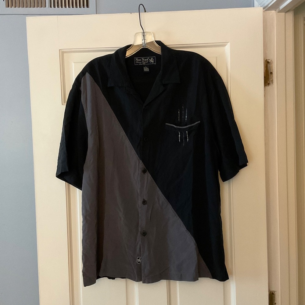 Nat Nast Silk Blend Bowling Camp Shirt Black Gray Rockabilly Loop Collar Large